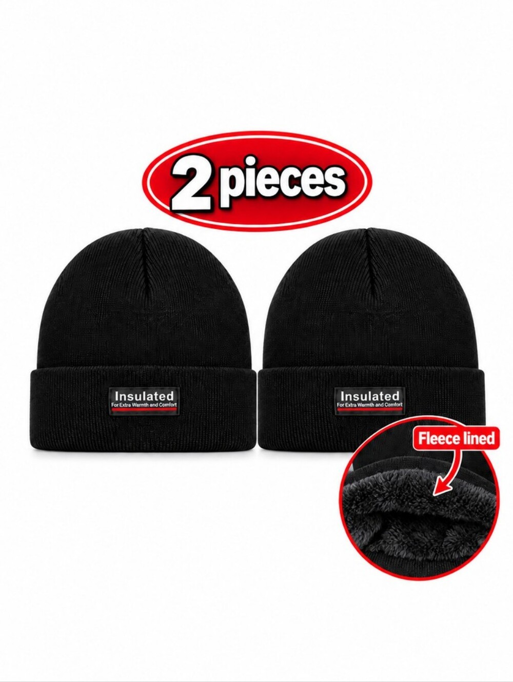 2 Pieces Men’s Fleece Lined Winter Beanie Hat Insulated Warm Knit Cap Black